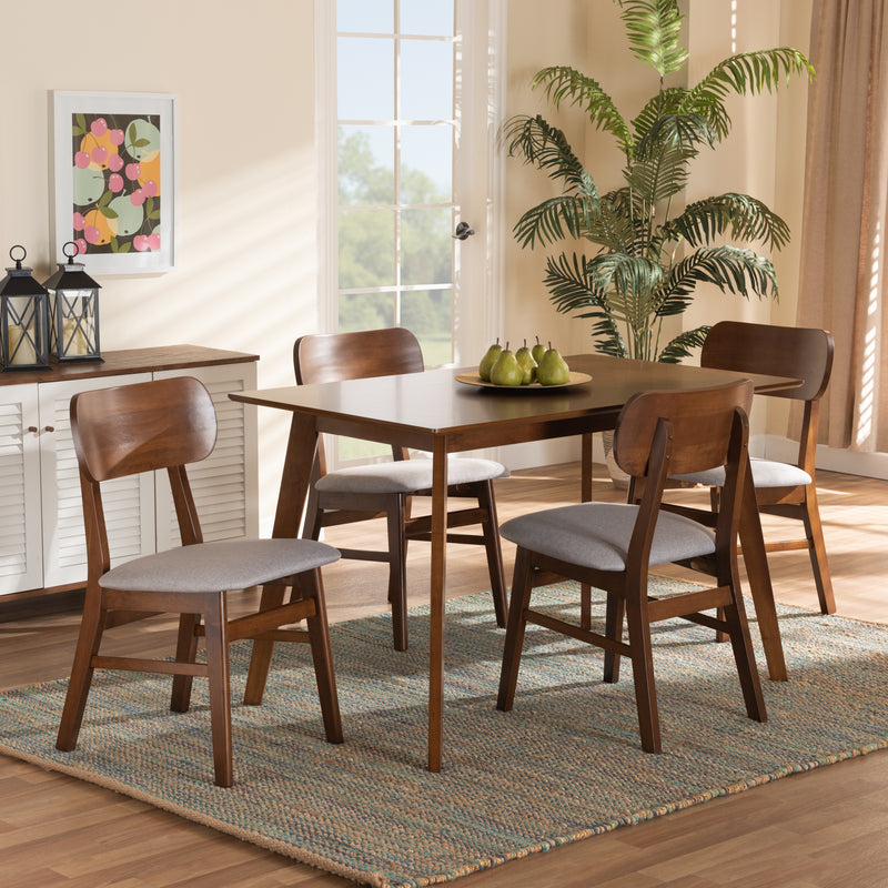 Euclid Dining Set Mid-Century Modern Grey Fabric Upholstered Walnut Brown Finished Wood 5-Piece