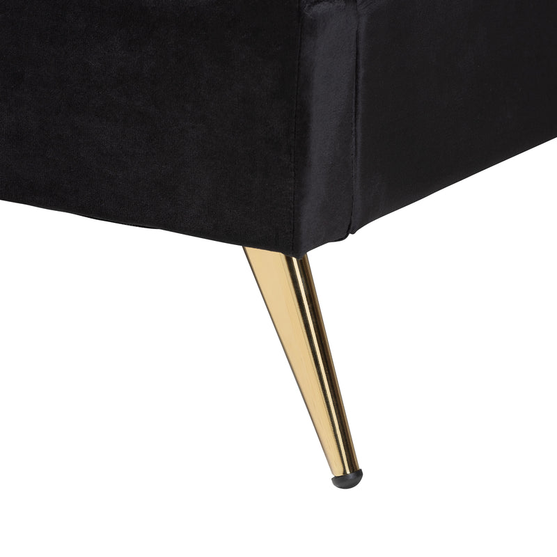 Oxley Queen Size Panel Bed in Glam Black Velvet with Gold Accents