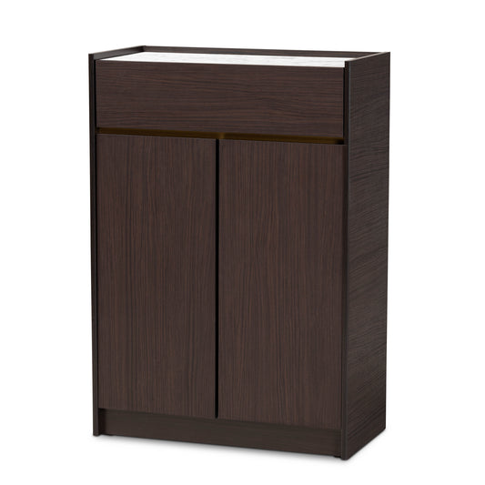 Walker Shoe Cabinet in Modern Design with Dark Brown and Gold Finished Wood and Faux Marble Top for Stylish Storage Solutions