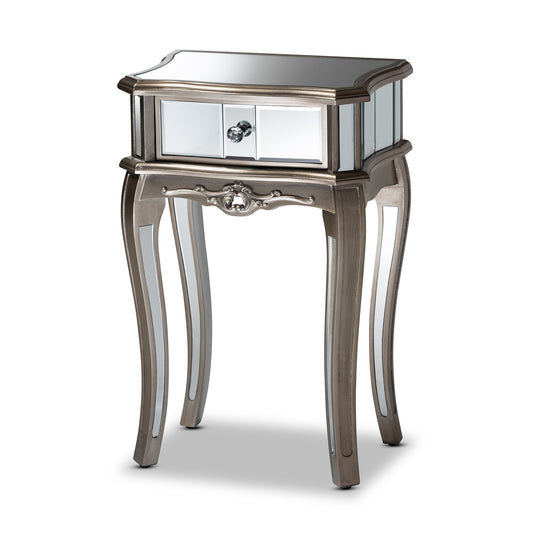 Elgin End Table Contemporary Glam Luxe Design Brushed Silver Finished Wood Mirrored Glass with 1 Drawer for Storage