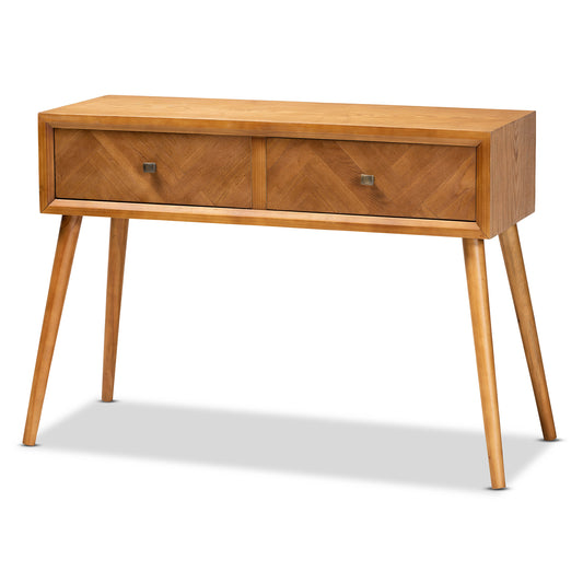 Mae Mid-Century Modern Console Table Natural Brown Wood with 2 Drawers for Stylish Storage and Display