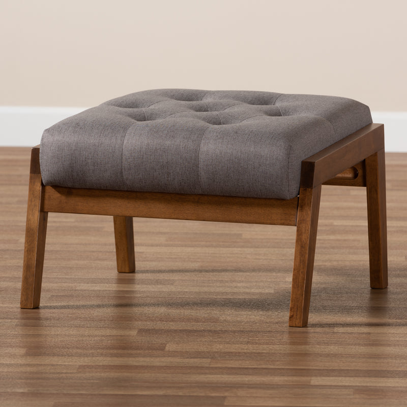 Naeva Footstool Mid-Century Modern Grey Fabric Upholstered with Walnut Base Stylish Accent for Living Room or Bedroom