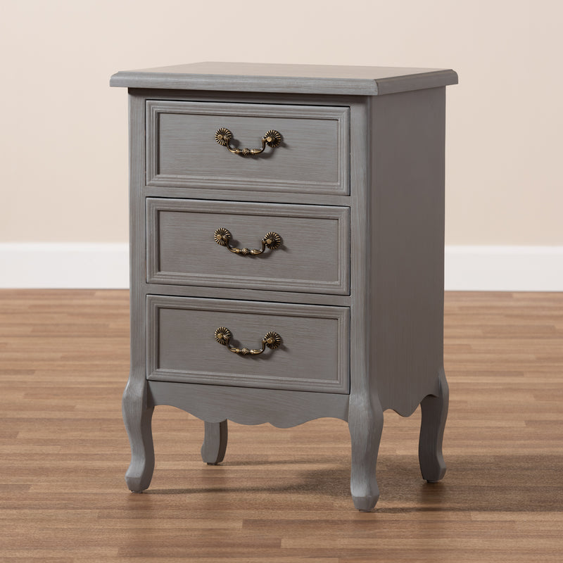 Capucine End Table Antique French Country Cottage Style Grey Finished Wood with 3 Storage Drawers