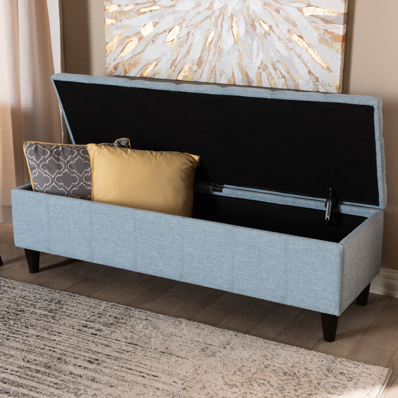 Brette Storage Bench Light Blue Fabric Upholstered Dark Brown Finished Wood Mid-Century Modern