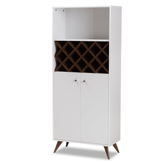 Serafino Wine Cabinet Mid-Century Modern Design in White and Walnut Finished Wood