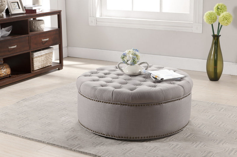 Iglehart Ottoman Beige Linen Modern Tufted