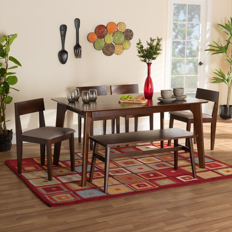 Camilla Dining Set Mid-Century Modern 6-Piece Warm Grey Fabric Dark Brown Finished Wood