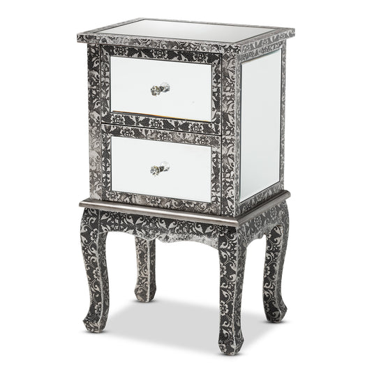 Wycliff End Table - Industrial Glam Design with Silver Metal and Mirrored Glass, Featuring 2 Drawers for Stylish Storage