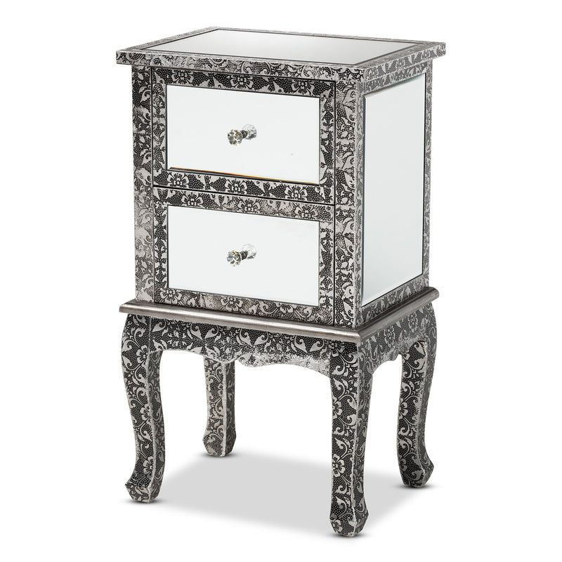 Wycliff End Table - Industrial Glam Design with Silver Metal and Mirrored Glass, Featuring 2 Drawers for Stylish Storage