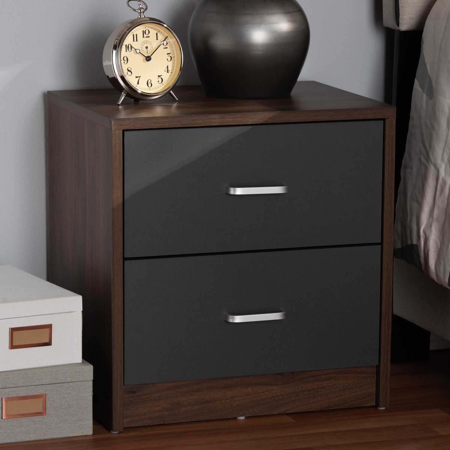 Hansel Nightstand - Modern 2-Drawer Design in Dark Brown and Grey Finish for Stylish Bedroom Storage