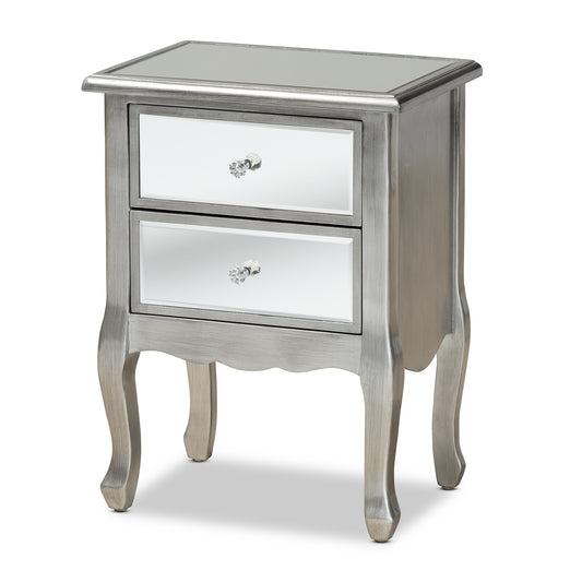 Leonie End Table Modern Transitional Design with Brushed Silver Finished Wood and Mirrored Glass Featuring 2 Stylish Storage Drawers