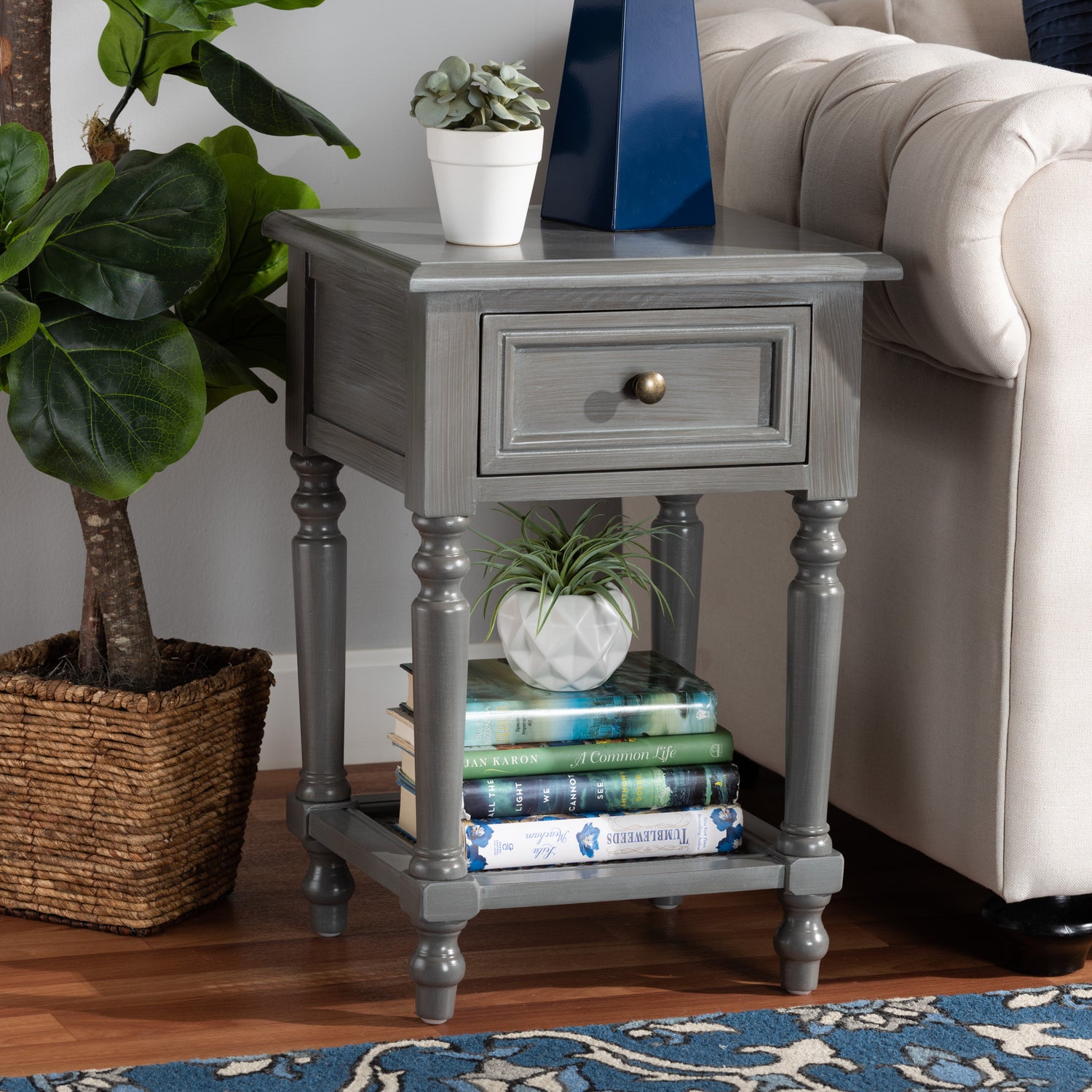 Sheldon End Table Modern Contemporary Vintage Grey Finished Wood with 1 Drawer for Living Room or Bedroom Storage