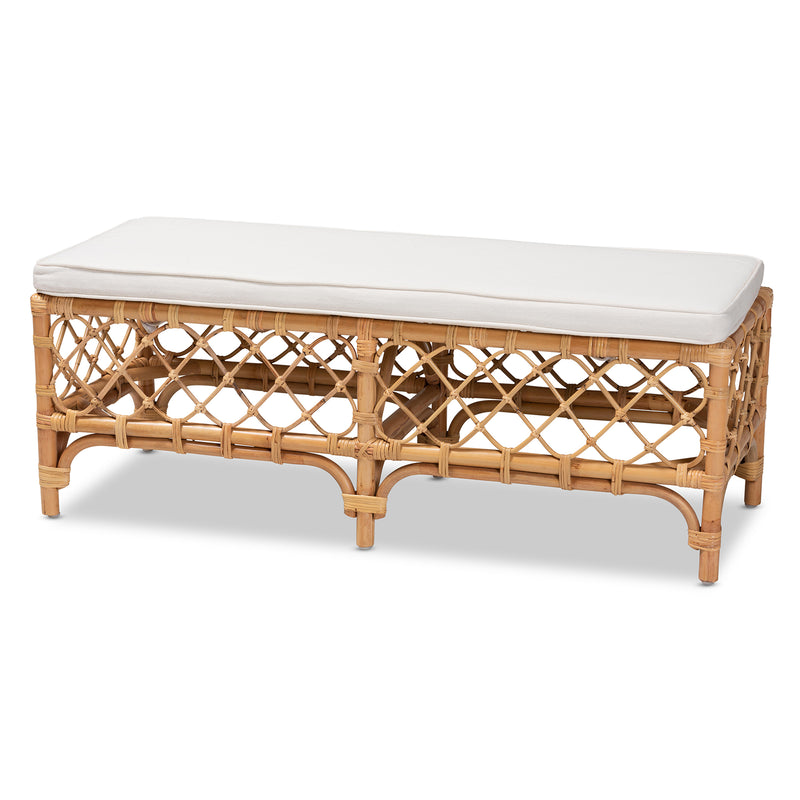 Orchard Modern Bohemian Bench White Fabric Upholstered with Natural Brown Rattan Accents for Stylish Seating and Decor