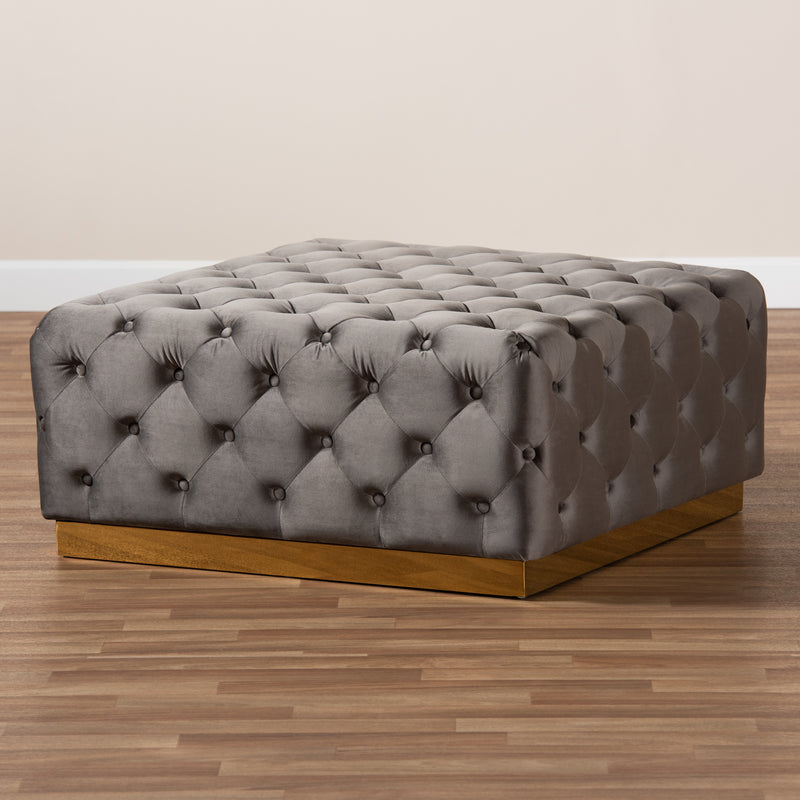 Verene Ottoman Glam and Luxe Grey Velvet Fabric Upholstered Gold Finished Square Cocktail