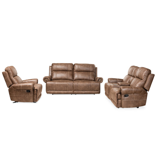 Buckley 3-Piece Reclining Living Room Set in Modern Light Brown Faux Leather Upholstery