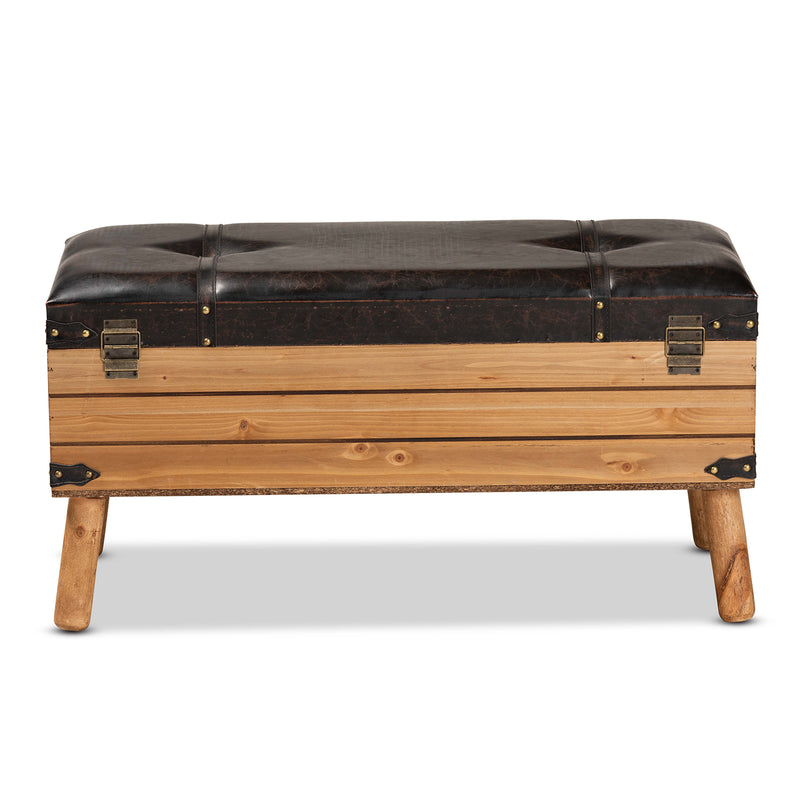 Amena Ottoman Rustic Transitional Dark Brown PU Leather Upholstered and Oak Finished Wood Large Storage