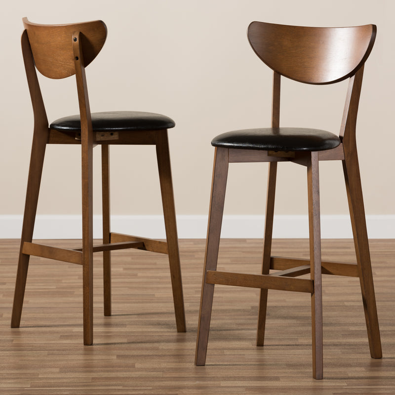 Eline Bar Stool Set of 2 Mid-Century Modern Black Faux Leather Upholstered Walnut Finish