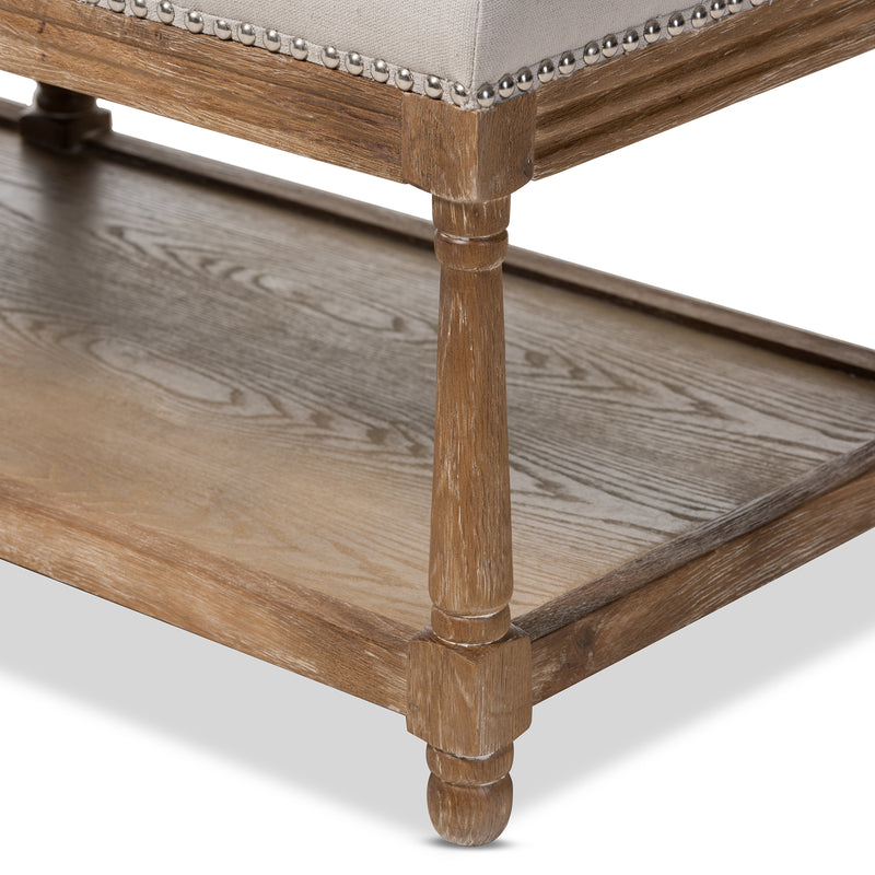 Celeste Ottoman Bench French Country Style Weathered Oak Finish Beige Linen Upholstery