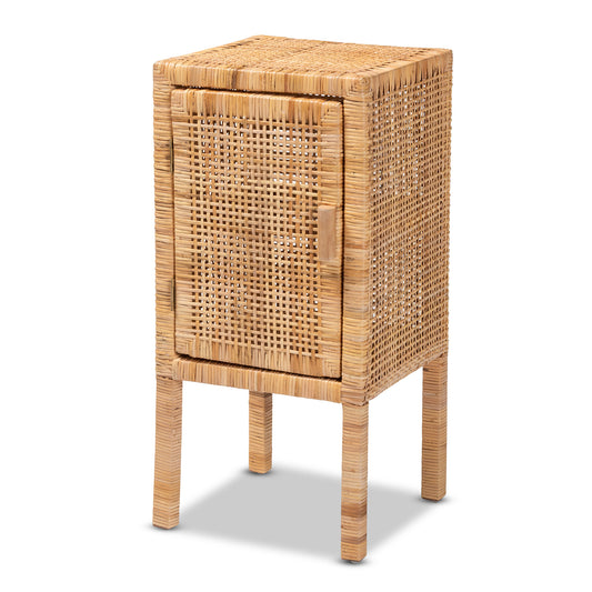 Vivan Bohemian Nightstand Modern Natural Brown Rattan 1-Door Design for Chic Bedroom Storage