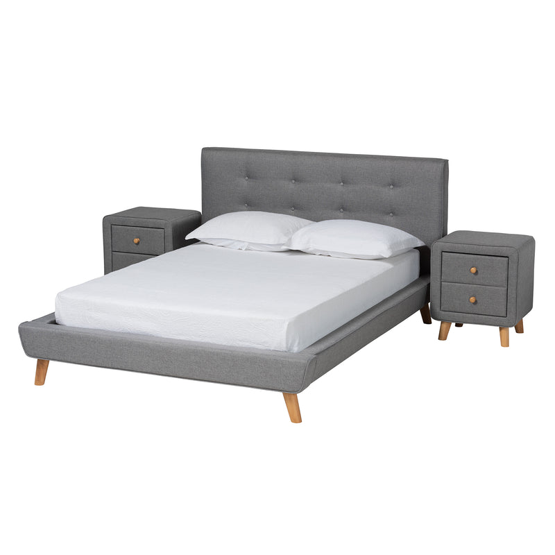 Jonesy Full Size 3-Piece Bedroom Set Mid-Century Modern Grey Fabric Upholstered Furniture for Stylish Bedrooms