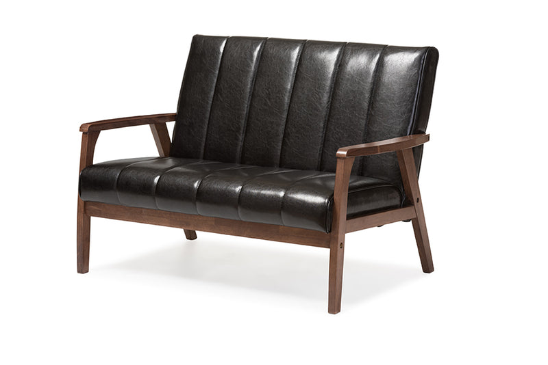 Nikko Loveseat Mid-century Modern Scandinavian Style Black Faux Leather Wooden 2-Seater