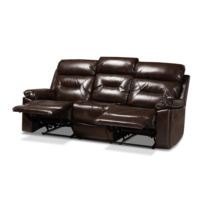 Byron Reclining Sofa Modern Dark Brown Faux Leather Upholstered 3-Seater Couch for Living Room Comfort and Style