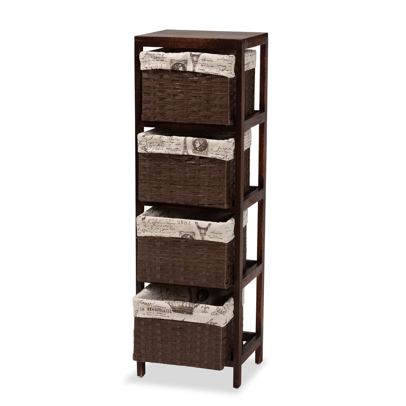 Bosley Storage Unit Modern French Inspired Walnut Brown Wood with 4 Baskets for Stylish Organization and Home Décor