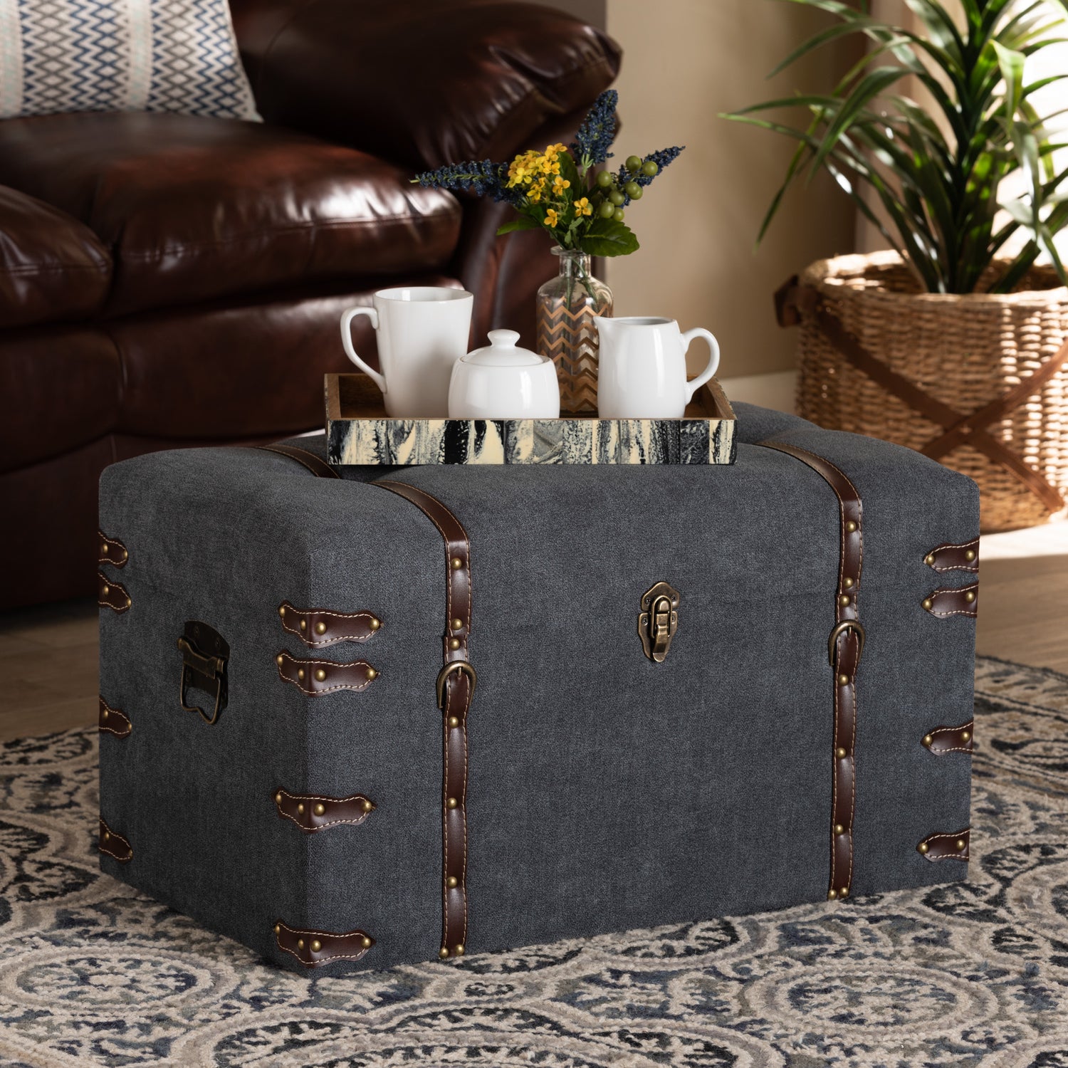 Palma Storage Trunk Ottoman - Modern Grey Fabric Upholstered Design for Stylish Home Organization