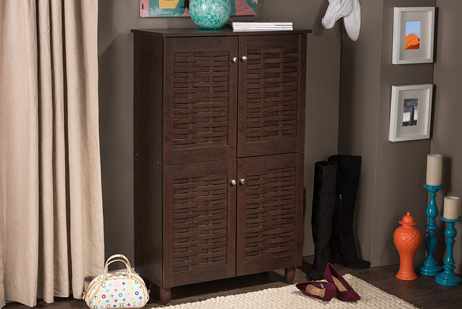 Winda Storage Cabinet Modern and Contemporary 4-Door Dark Brown Wooden Entryway Shoes