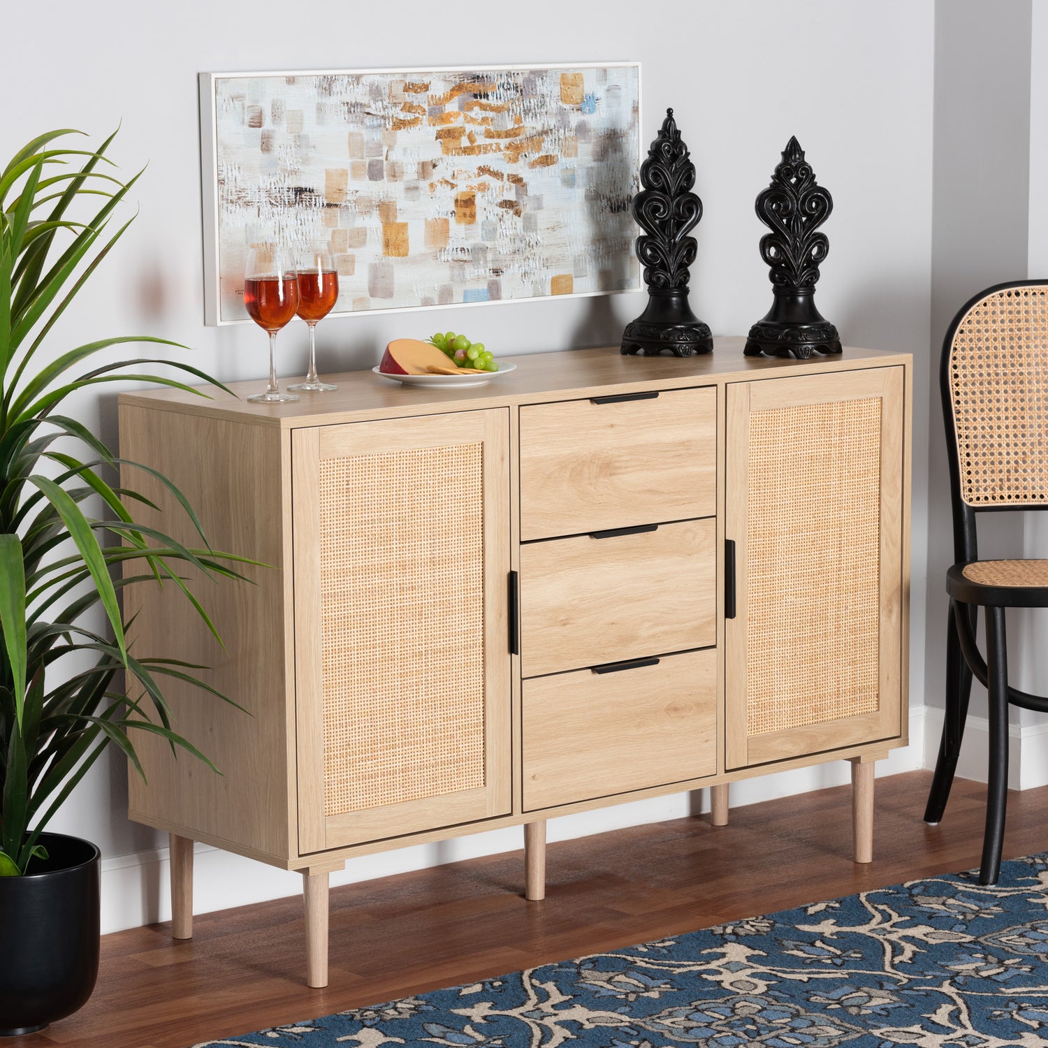 Harrison Sideboard Mid-Century Modern Design in Natural Brown Wood and Rattan with 3 Drawers for Stylish Storage