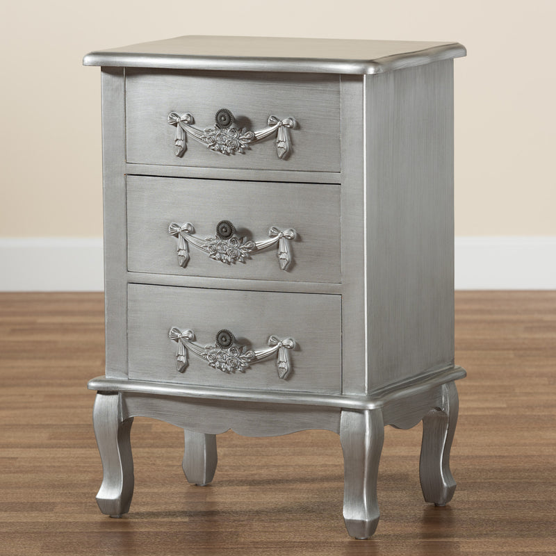 Callen End Table Classic and Traditional Brushed Silver Finished Wood 3-Drawer