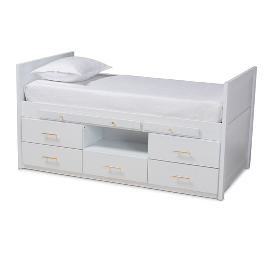 Mirza Twin Size Storage Bed Modern White Finished Wood Design with 5 Drawers and Pull-Out Desk for Efficient Space Management