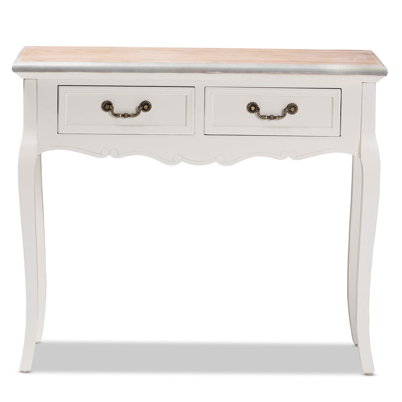 Capucine Console Table Antique French Country Cottage Style Two-Tone Whitewashed Oak and White Wood 2-Drawer Design