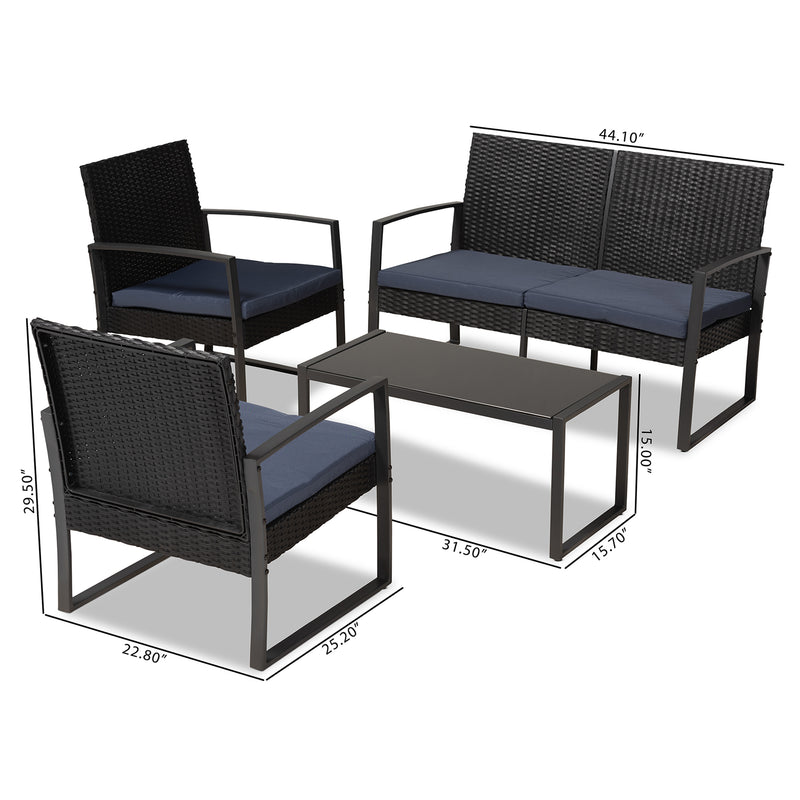 Greta Patio Set Modern 4-Piece Outdoor Furniture with Dark Blue Fabric Upholstery, Black Metal Finish, and Synthetic Rattan