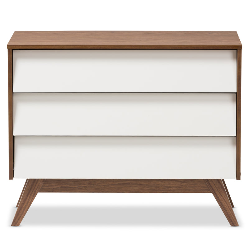 Hildon Mid-Century Modern 3-Drawer Storage Chest in White and Walnut for Stylish Organization and Home Décor