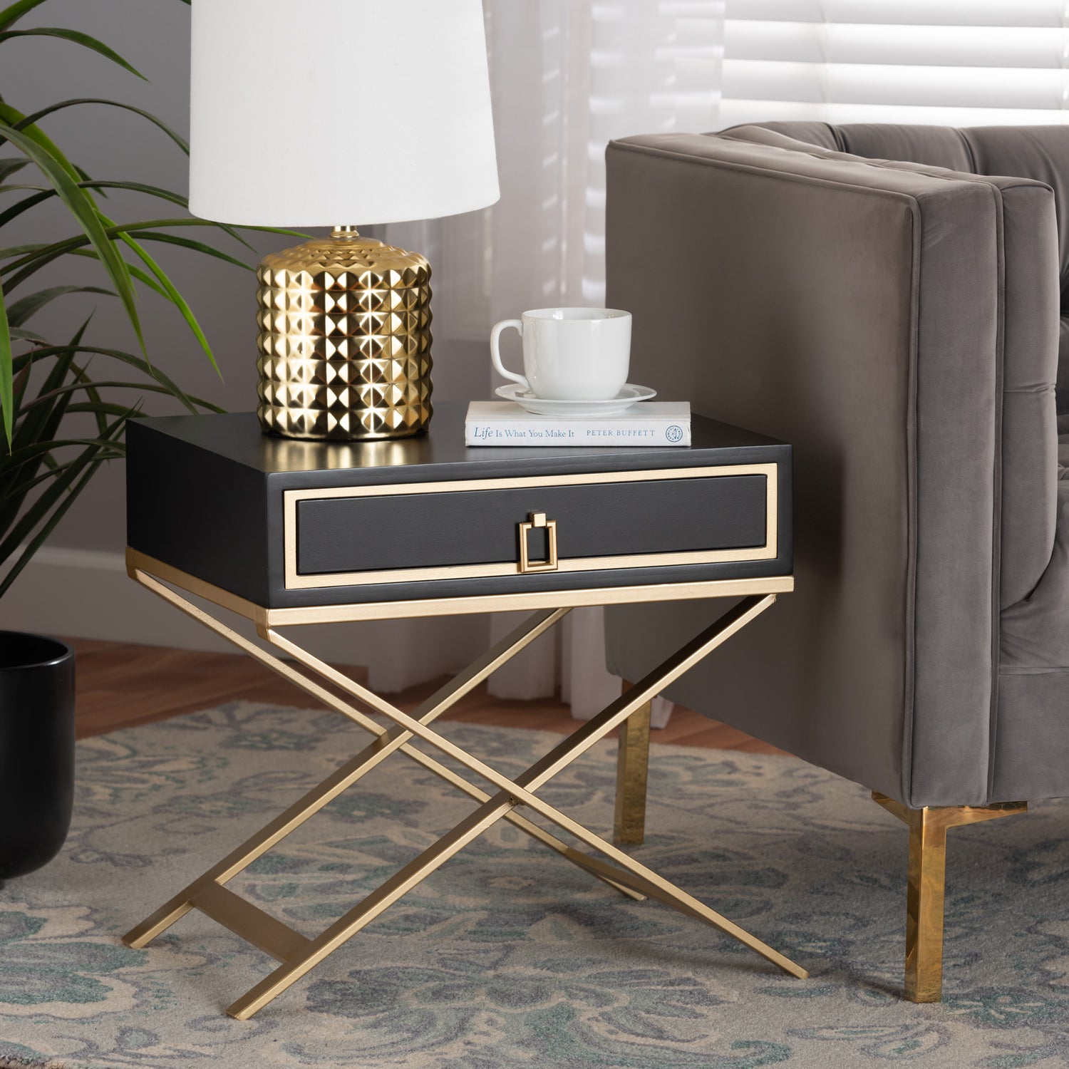 Lilibet End Table Modern Glam Luxe Design Black Finished Wood Gold Metal 1 Drawer for Stylish Storage