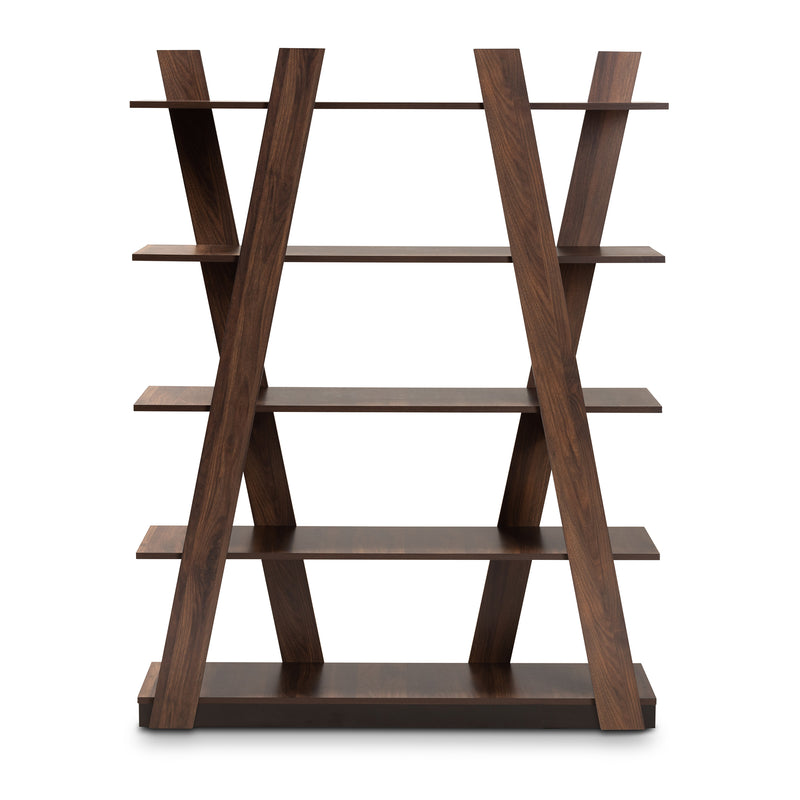 Michio 5-Tier Wood Display Shelf Modern Walnut Brown Geometric Design for Living Room Storage and Decoration