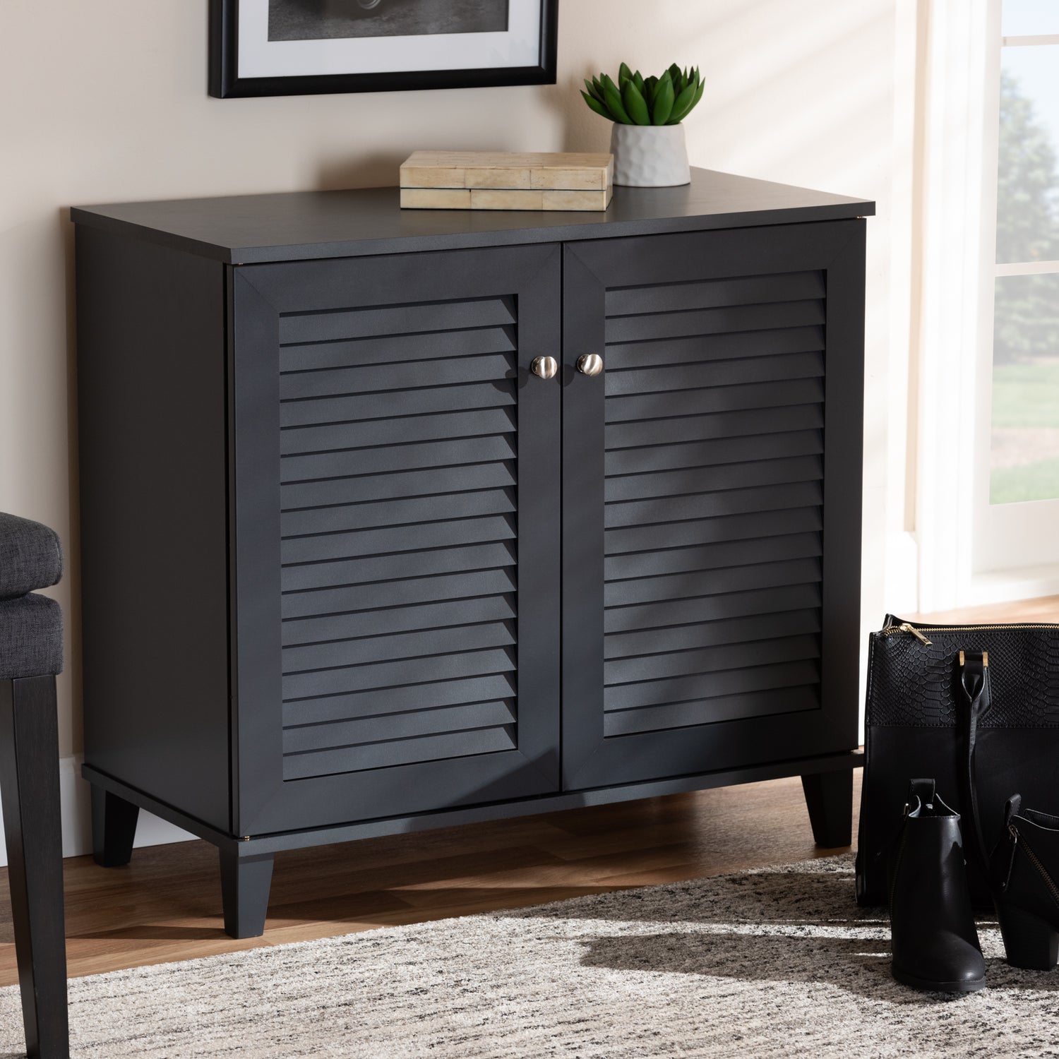 Coolidge Shoe Storage Cabinet Modern and Contemporary Dark Grey Finished 4-Shelf Wood