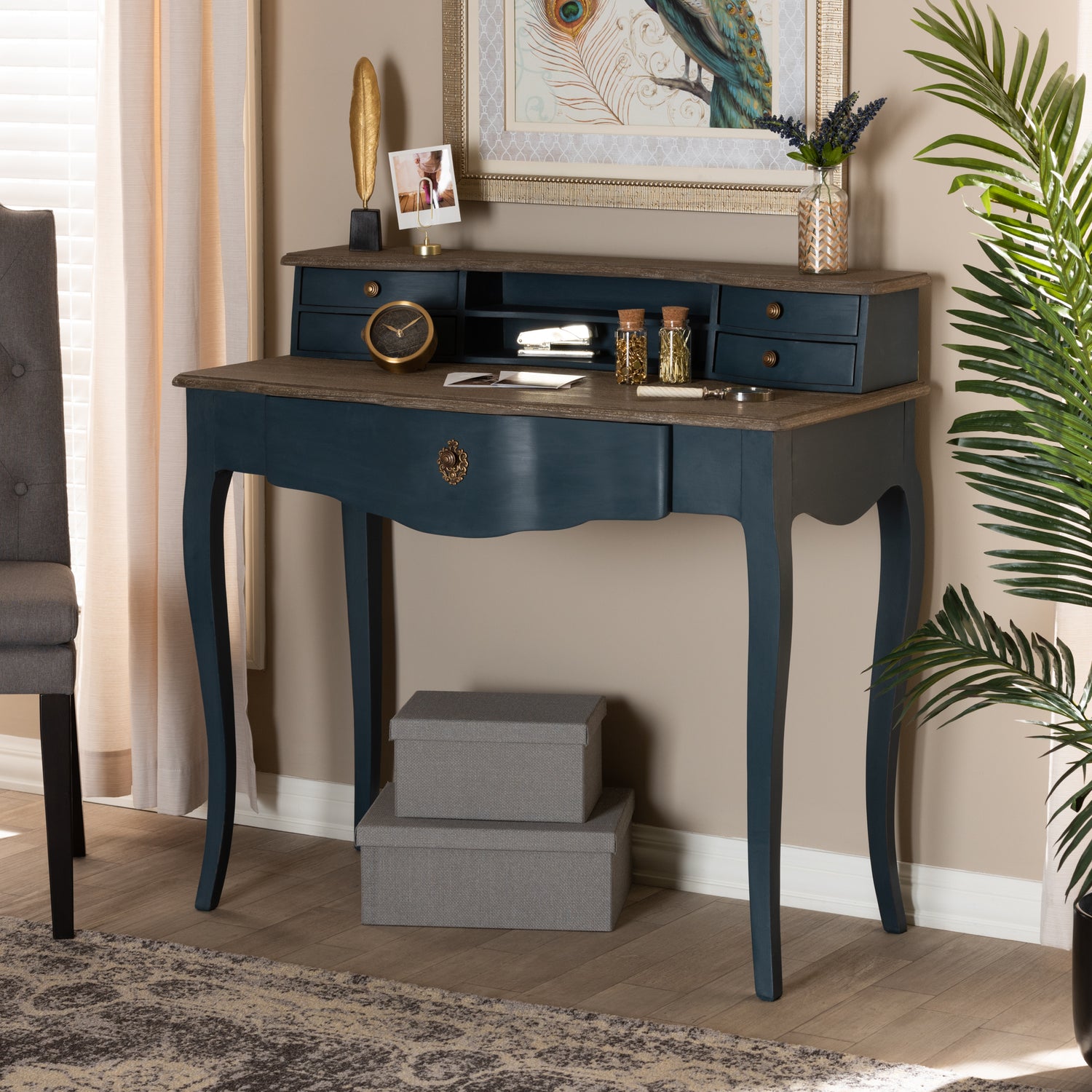 Celestine Accent Writing Desk in French Provincial Blue Spruce Finished Wood, Elegant Vintage Style Home Office Furniture