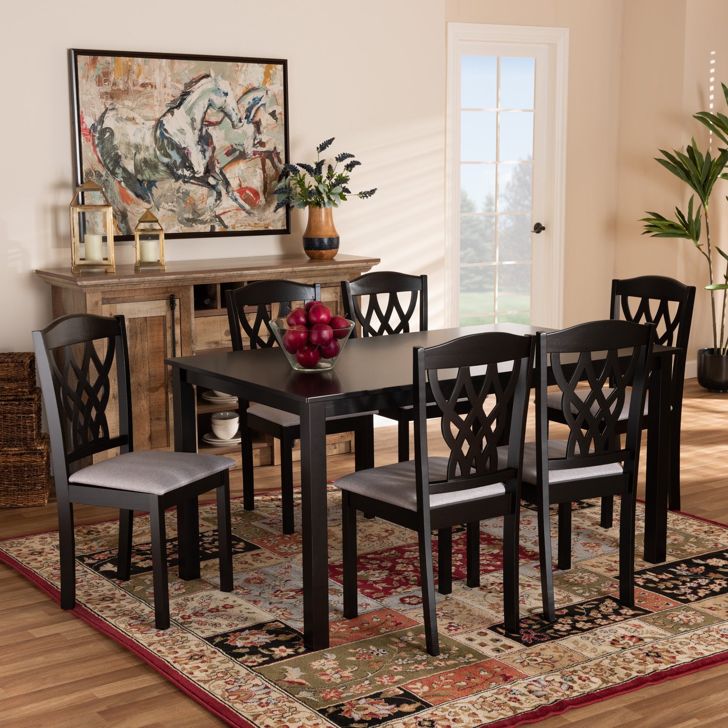 Salem Dining Set Modern and Contemporary Grey Fabric Upholstered Dark Brown Finished Wood 7-Piece