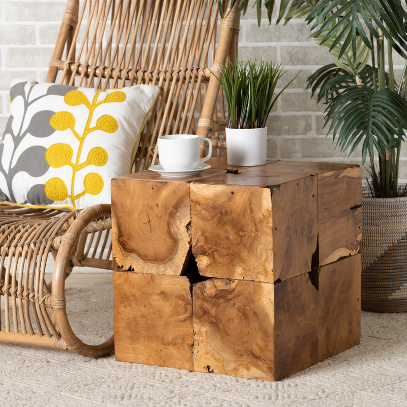 Eldora Rustic Transitional Teak Root End Table Natural Brown Finish