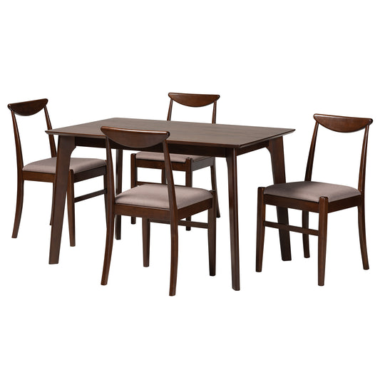 Delphina Dining Set Mid-Century Modern 5-Piece Collection with Warm Grey Fabric and Dark Brown Wood Finish