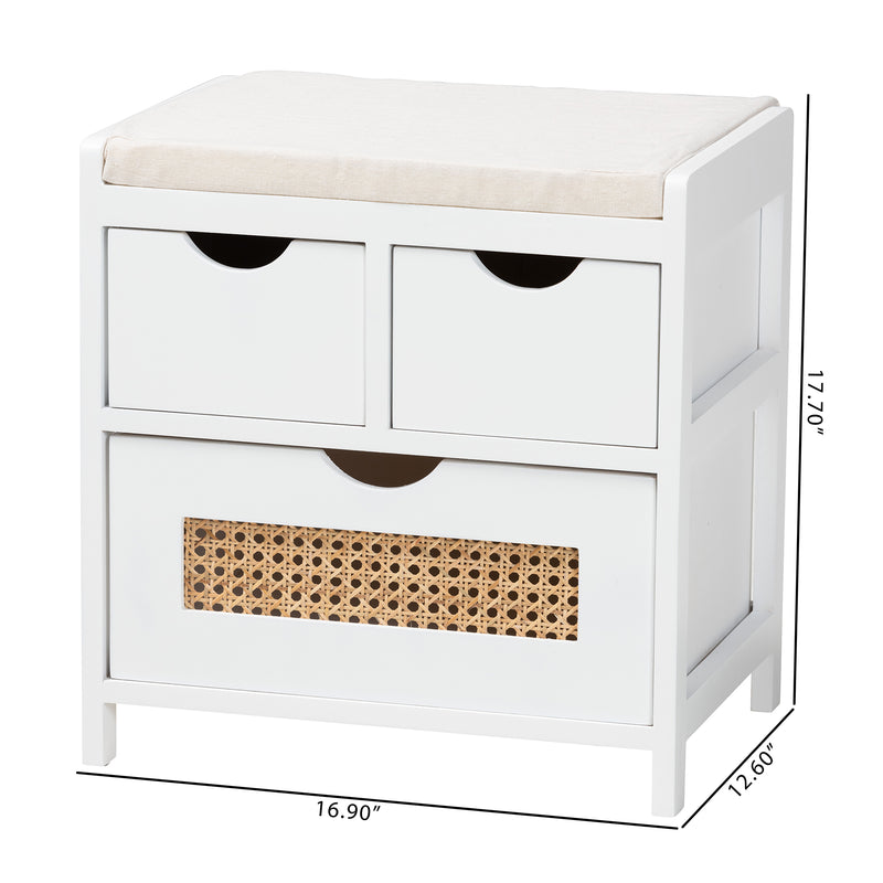 Bastian Storage Bench - Modern Light Beige Fabric with White Wood, 3 Drawers and Natural Rattan Accents for Stylish Organization