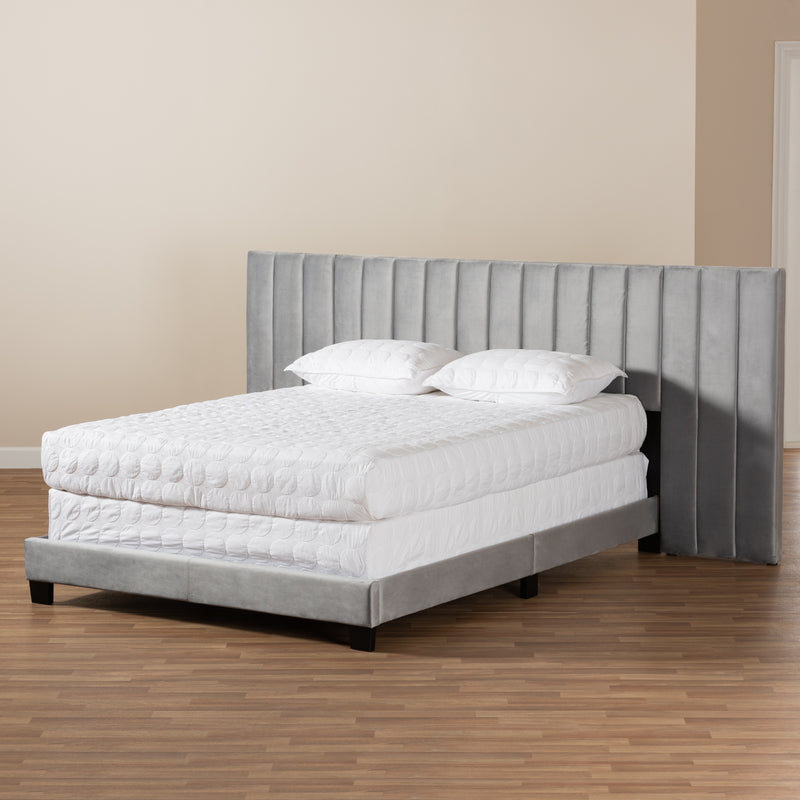 Fiorenza Panel Bed - Glam and Luxe Grey Velvet Fabric Upholstered with Extra Wide Channel Tufted Headboard