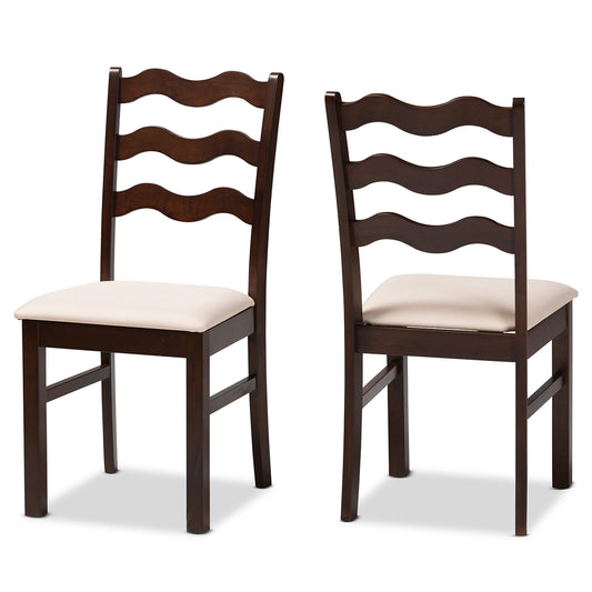 Amara Dining Chair Set Mid-Century Modern Cream Fabric and Dark Brown Finished Wood 2-Piece