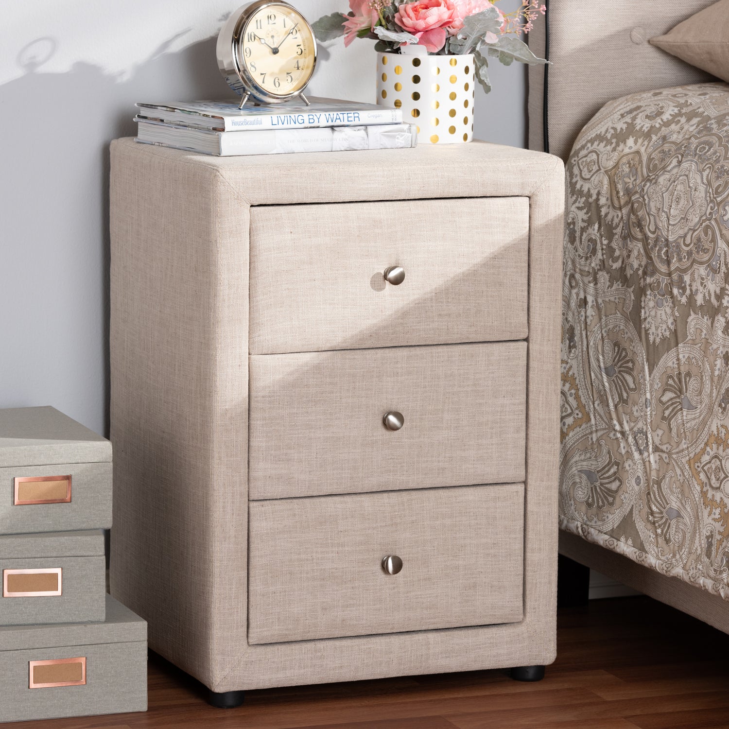 Tessa Nightstand - Modern and Contemporary Beige Fabric Upholstered 3-Drawer