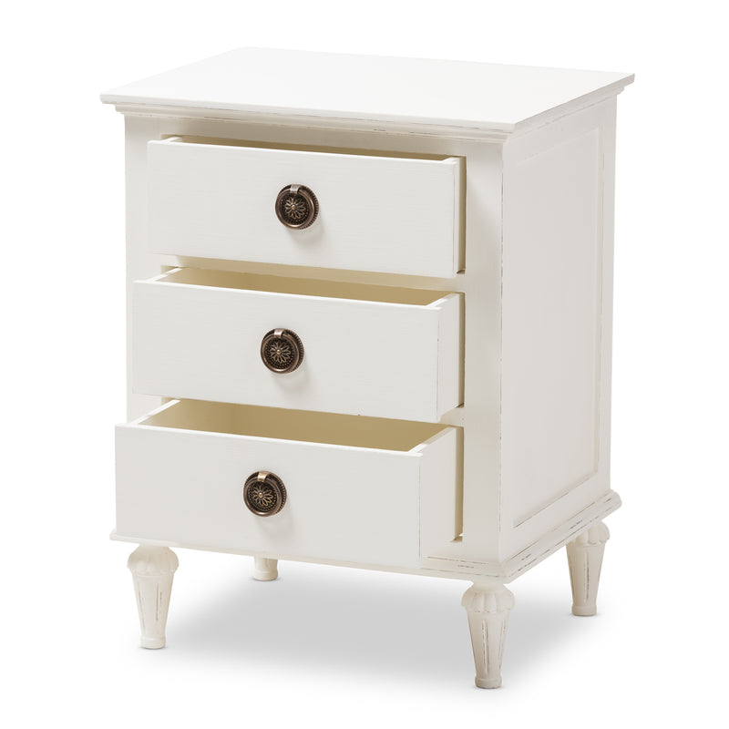 Venezia Nightstand French-Inspired Rustic Whitewash Wood 3-Drawer Storage Solution for Bedroom Decor