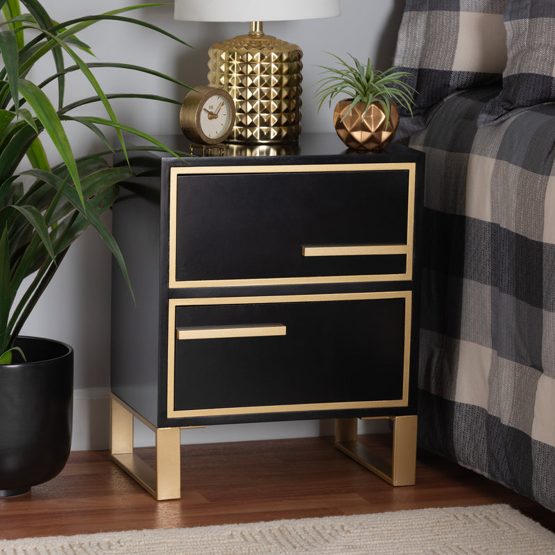 Giolla End Table Contemporary Glam and Luxe White Finished Wood and Gold Metal 2-Drawer