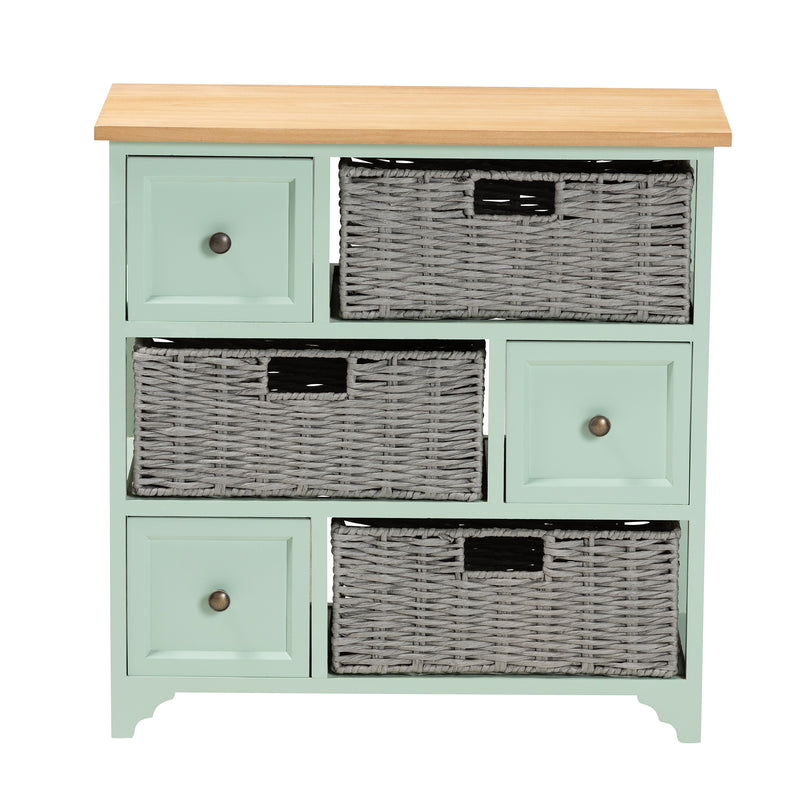 Valtina Storage Unit - Modern Two-Tone Oak Brown and Mint Green 3-Drawer Organizer with Baskets for Stylish Home Storage Solutions