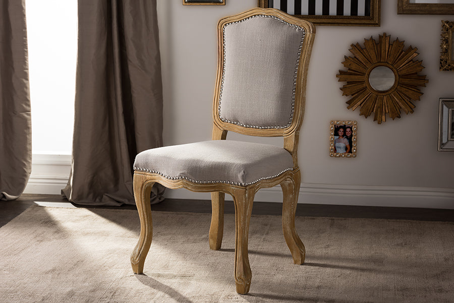 Chateauneuf Dining Side Chair Vintage Cottage Style Weathered Oak Finish Beige Fabric Upholstery for Elegant Dining Rooms